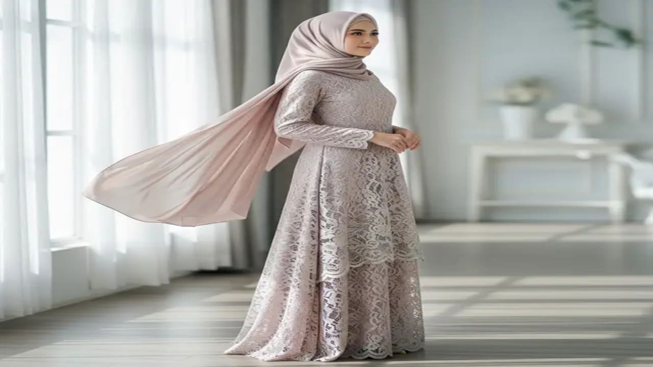 Gamis Brokat Modern dengan Detail Payet