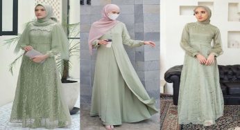 Gamis Brokat Warna Sage untuk Menyempurnakan Hijab Islami