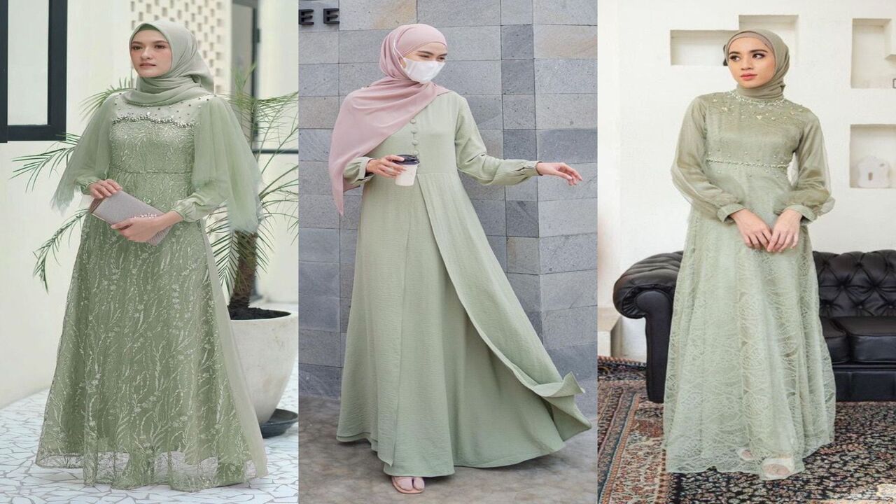 Gamis Brokat Warna Sage untuk Menyempurnakan Hijab Islami