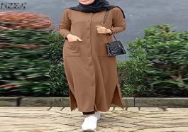 Midi Dress Muslim dengan Kombinasi Linen yang Nyaman Dipakai