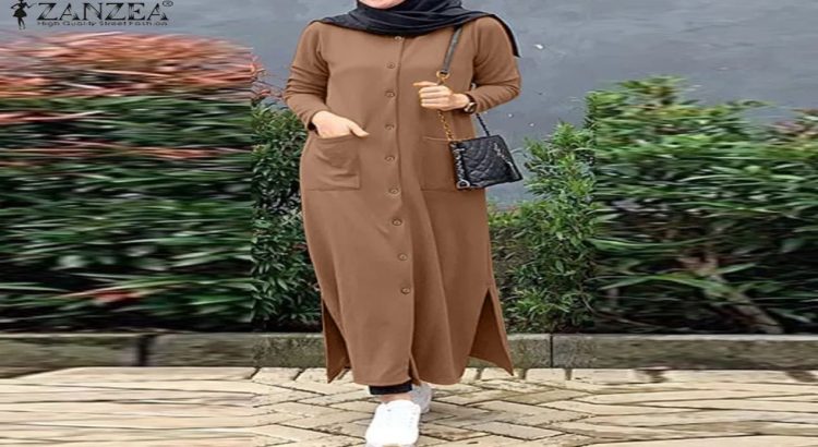 Midi Dress Muslim dengan Kombinasi Linen yang Nyaman Dipakai