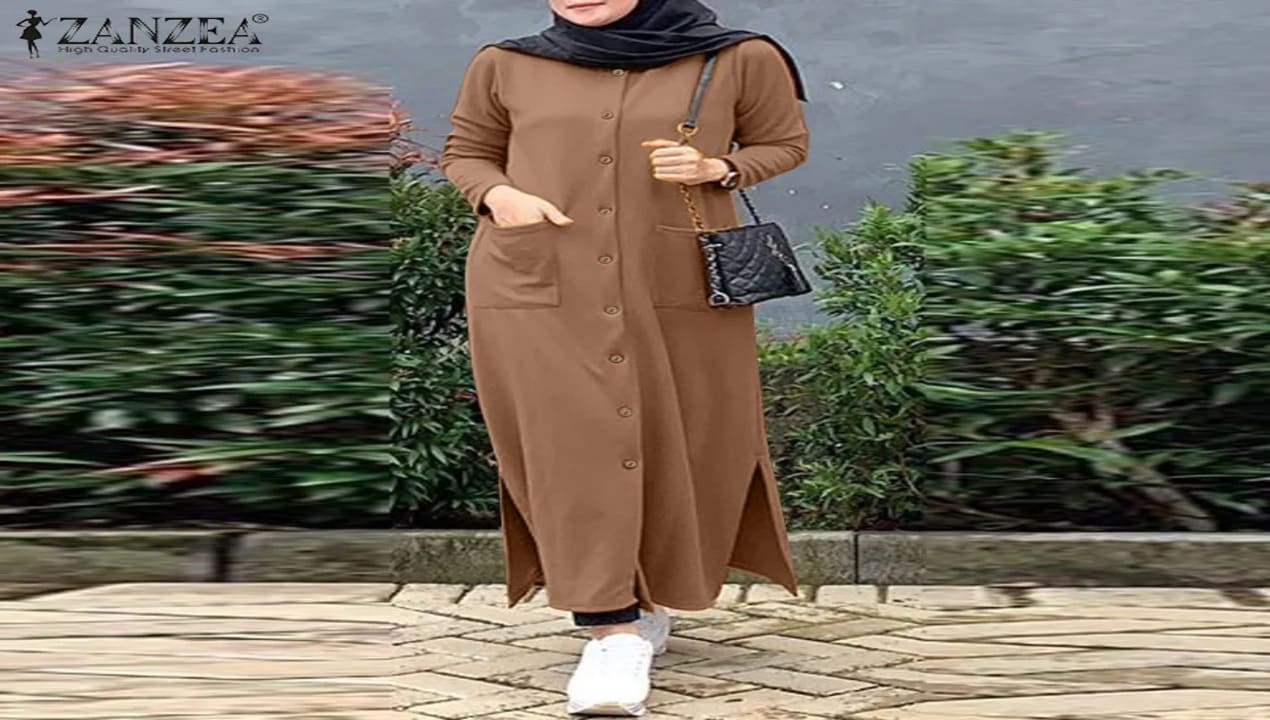 Midi Dress Muslim dengan Kombinasi Linen yang Nyaman Dipakai
