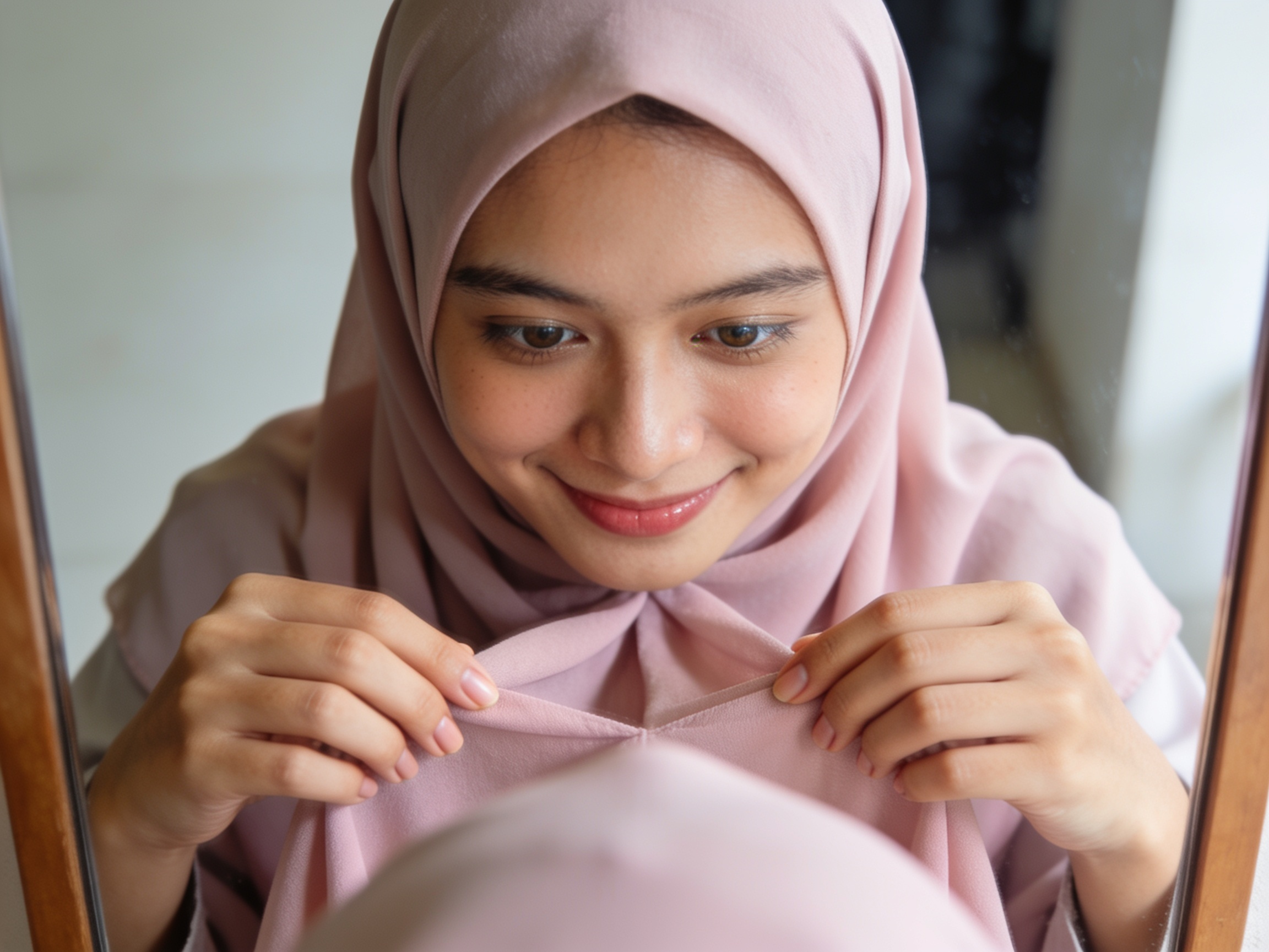 wanita muslimah memadukan hijab dengan gamis di depan cermin