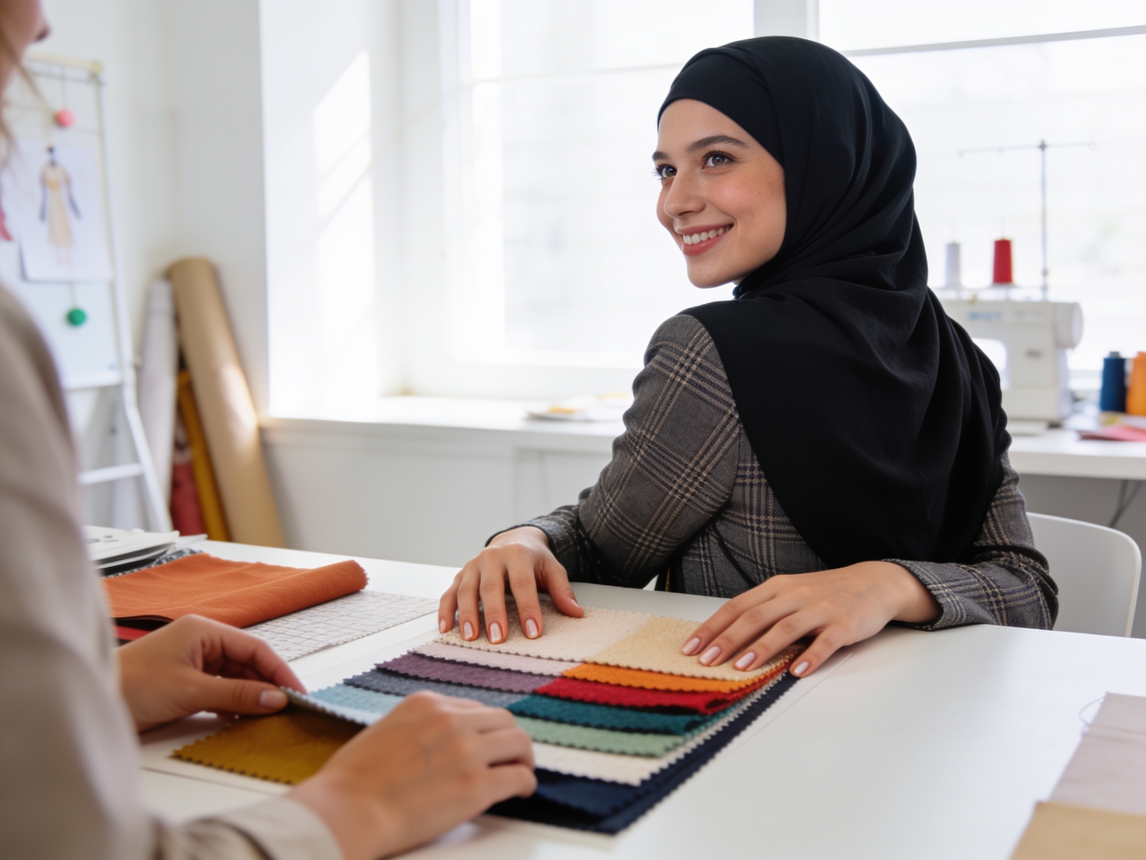 Desainer Muslimah memilih kain gamis modern di studio