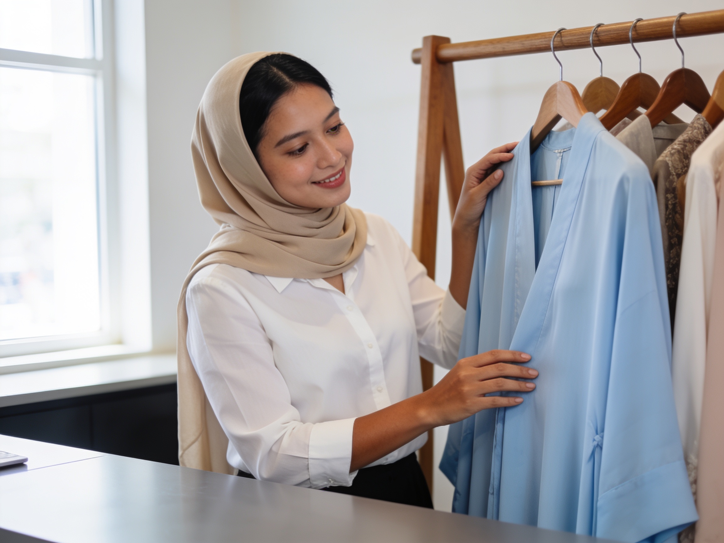 Wanita Indonesia memeriksa detail kain tren gamis syari modis di butik fashion modern