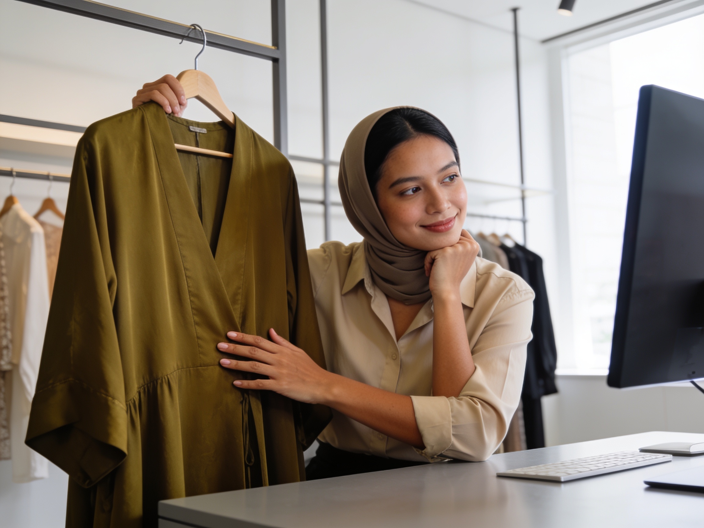 Wanita Muslimah memeriksa detail kain gamis hijau zaitun elegan di butik fashion lokal.