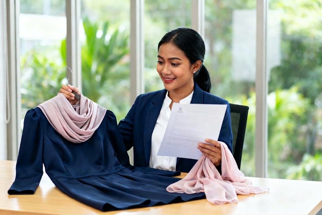 strategi mix match gamis hijab elegan dengan gamis navy dan hijab pastel menampilkan siluet modern