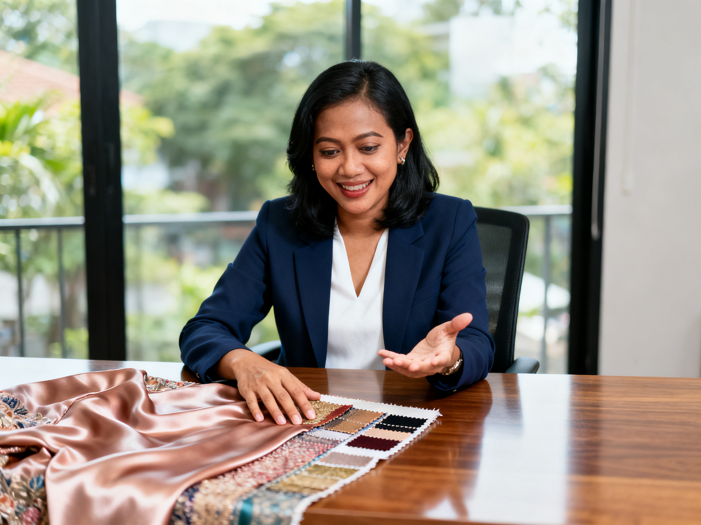 Model gamis elegan modern diperiksa oleh wanita Indonesia, menyoroti detail bahan silk